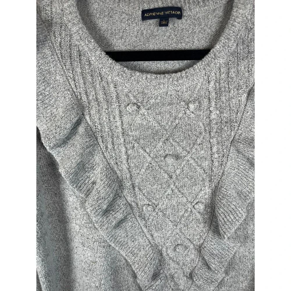 Adrienne Vittadini Ruffle Front Cable Knit Autumn Cozy Sweater Gray Large